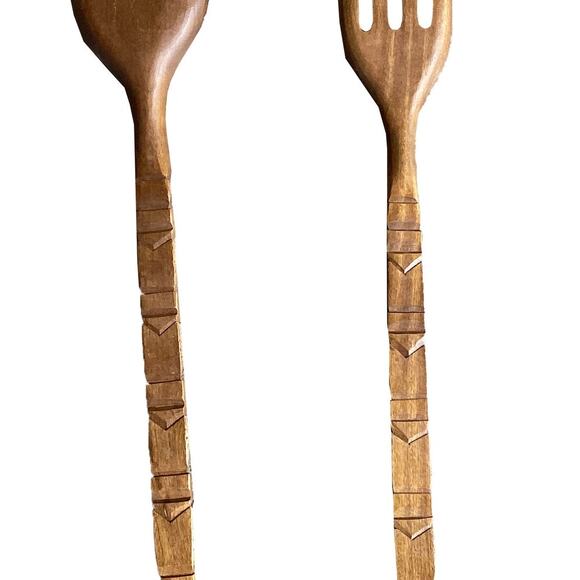 Vintage Large 41" Fork Spoon Set Wood Carved Tiki/Totem Handle 1970s Wall Decor - Picture 7 of 9